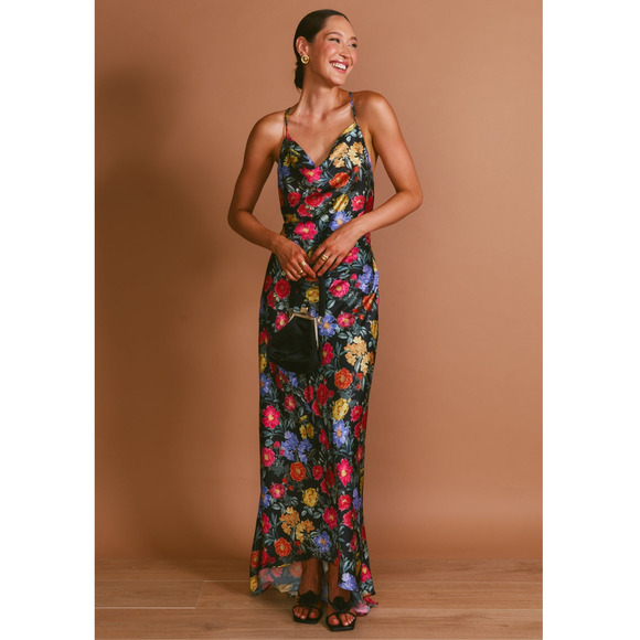 Show Me Your Mumu Hailey Slip Dress in Charm Peony Black Luxe Satin L - Picture 1 of 8